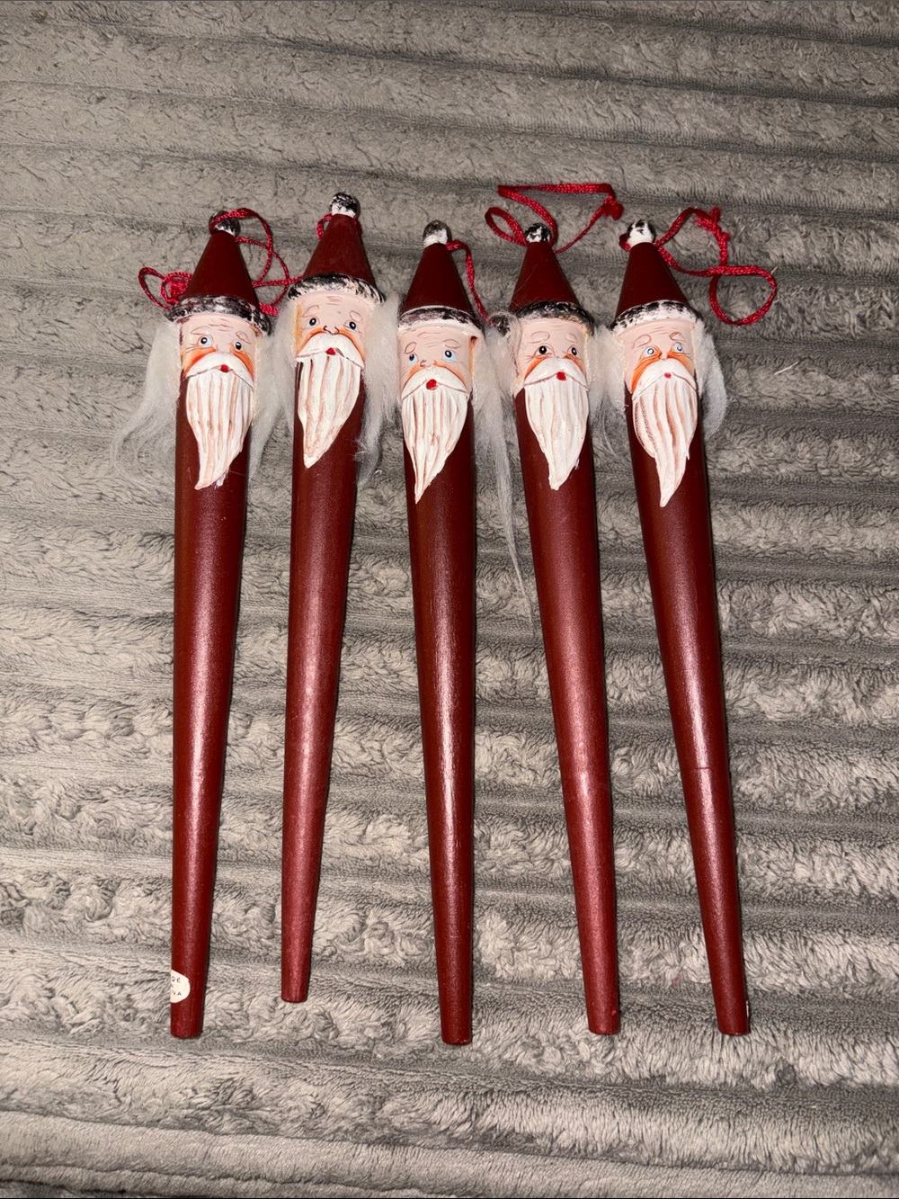 Vintage Set of 5 hand painted wooden icicle Santa Claus ornaments